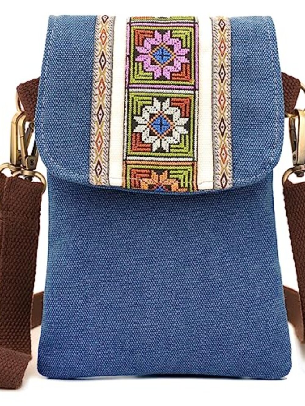 Handmade Embroidered Floral Canvas Mini Crossbody Bag Cell Phone Pouch